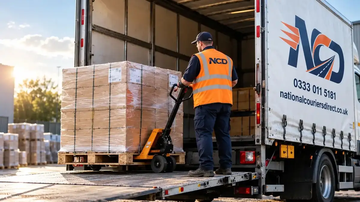 NCD driver unloading a pallet of boxes with a pallet truck from a tail-lift lorry at a warehouse