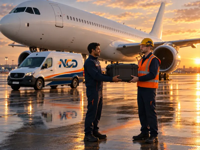 NCD driver handing an aircraft part to an engineer beside a grounded aircraft