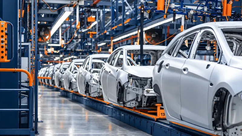 Car production line waiting for parts delivered by a same day automotive courier