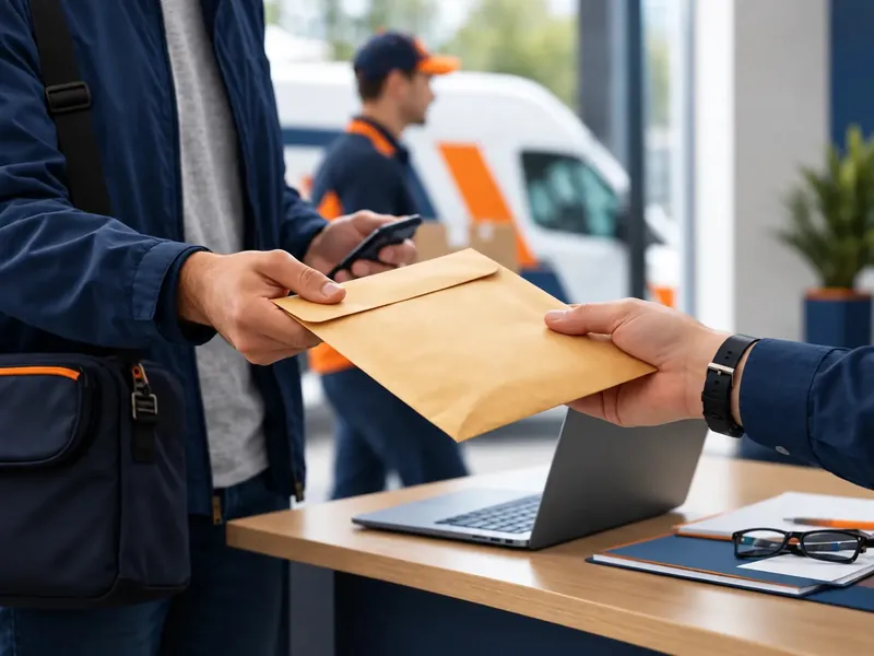 Secure courier handing a sealed document wallet to a receptionist