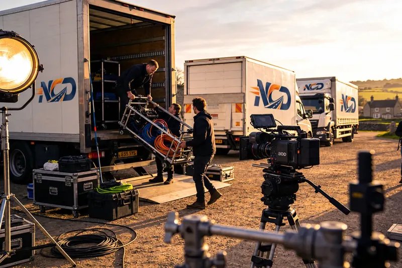 Film crew unloading kit from National Couriers Direct lorries at a location shoot