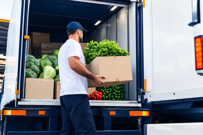Courier unloading fresh produce from a dedicated food delivery vehicle