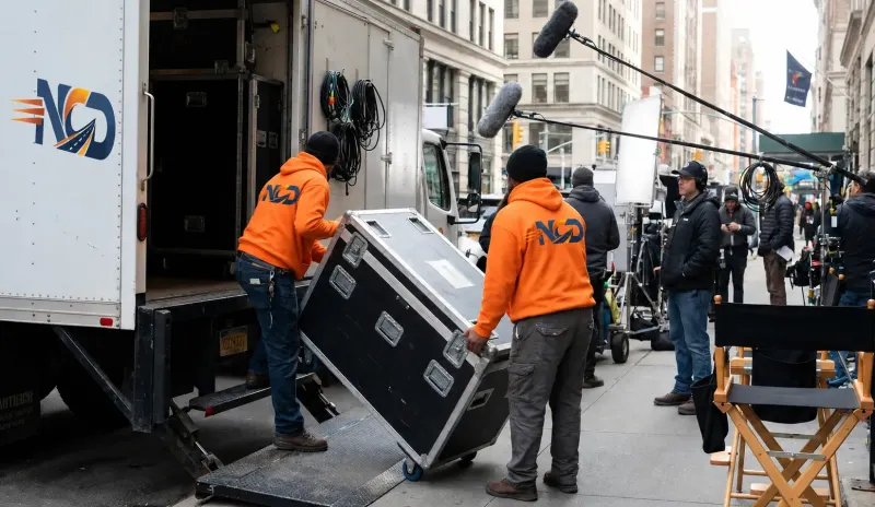 Crew unloading flight cases of production kit from a National Couriers Direct lorry