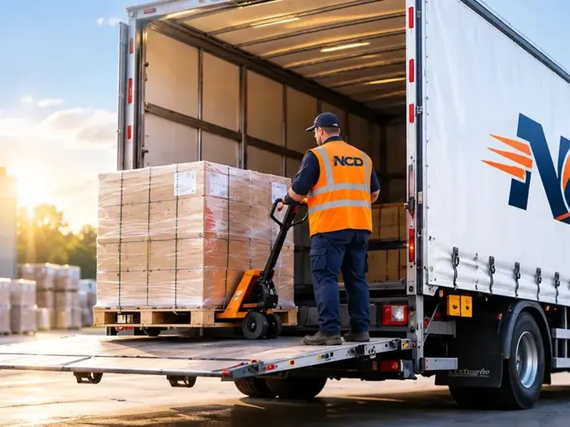 Pallets loaded onto a tail-lift lorry for same day pallet delivery