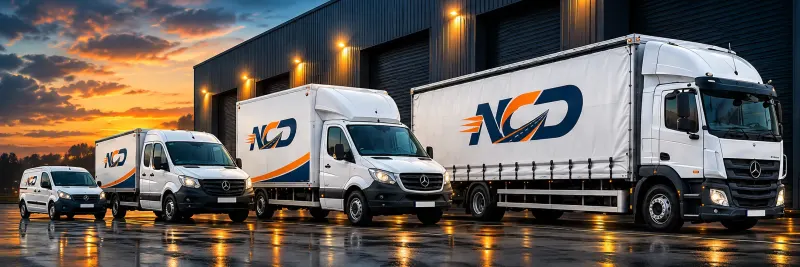 National Couriers Direct vans and lorries at a depot, ready for same day retail deliveries