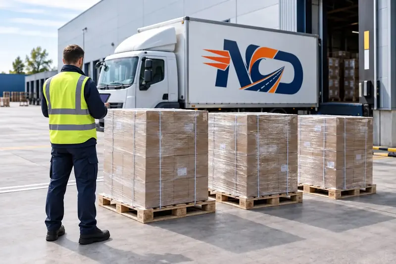 NCD driver checking sealed, shrink-wrapped pallets on a tablet beside an NCD lorry at a loading=