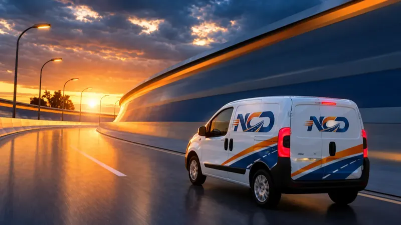 Overnight courier van driving on an empty motorway at night